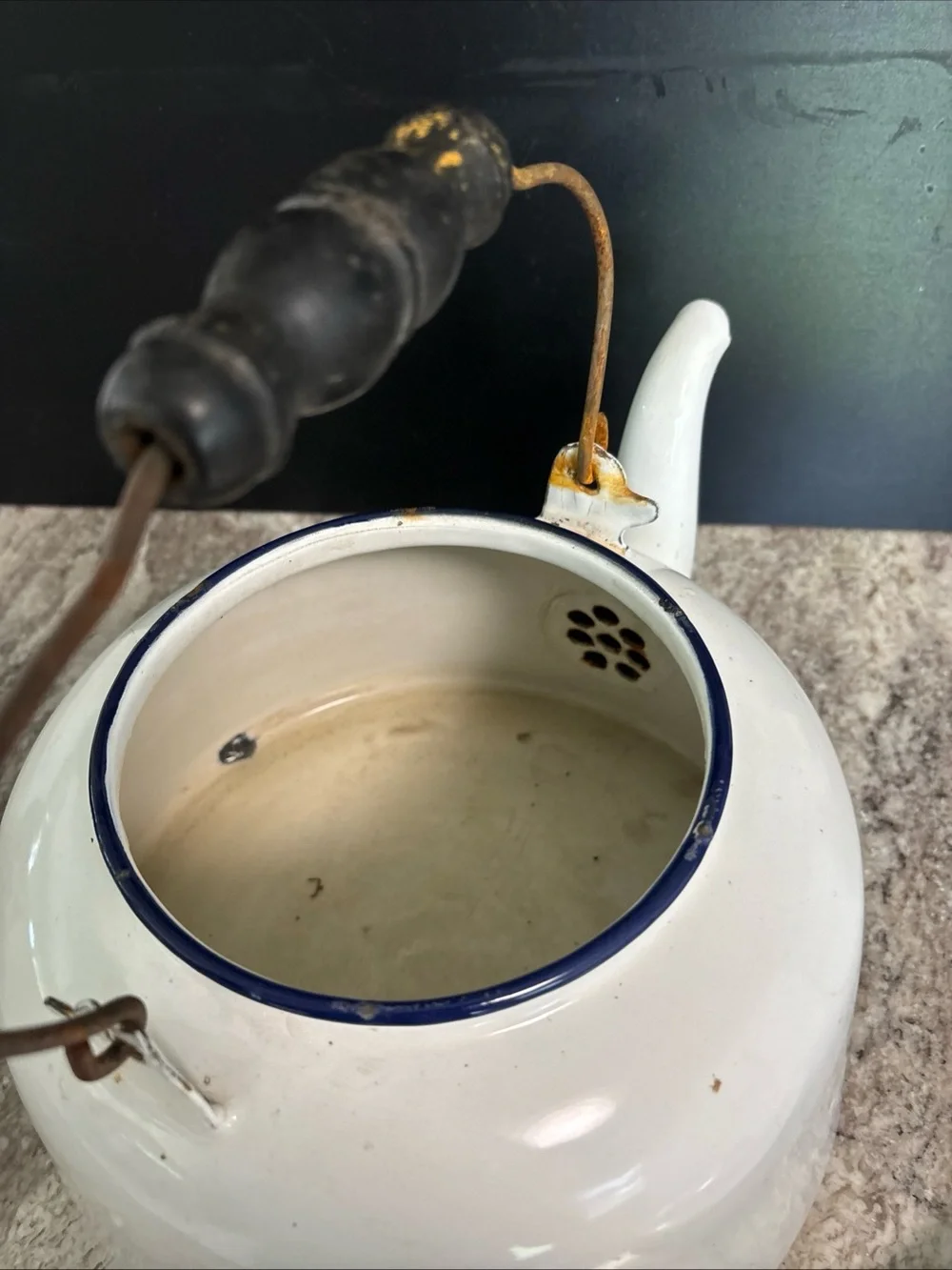 Vintage Large Enamel Tea Kettle Pot White  Ware W/ Wood Handle, Lid Farmhouse